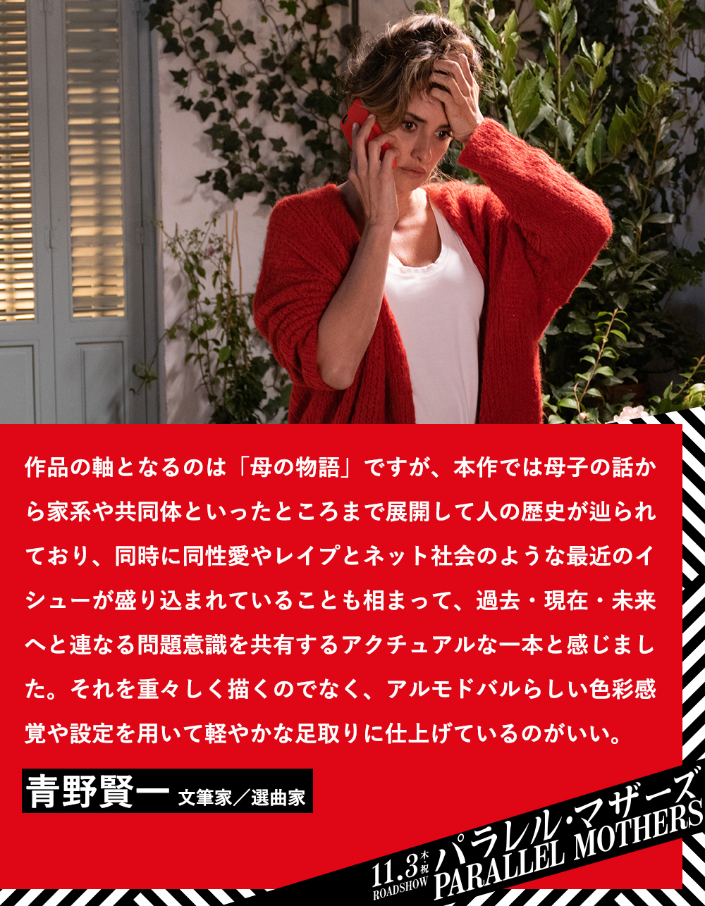 作品の軸となるのは「母の物語」ですが、本作では母子の話から家系や共同体といったところまで展開して人の歴史が辿られており、同時に同性愛やレイプとネット社会のような最近のイシューが盛り込まれていることも相まって、過去・現在・未来へと連なる問題意識を共有するアクチュアルな一本と感じました。それを重々しく描くのでなく、アルモドバルらしい色彩感覚や設定を用いて軽やかな足取りに仕上げているのがいい。青野賢一（文筆家／選曲家）